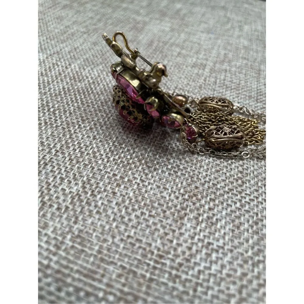 Vintage  Russian Soviet Bronze Beautiful Lacy Women's Brooch Pendant Flower Pink